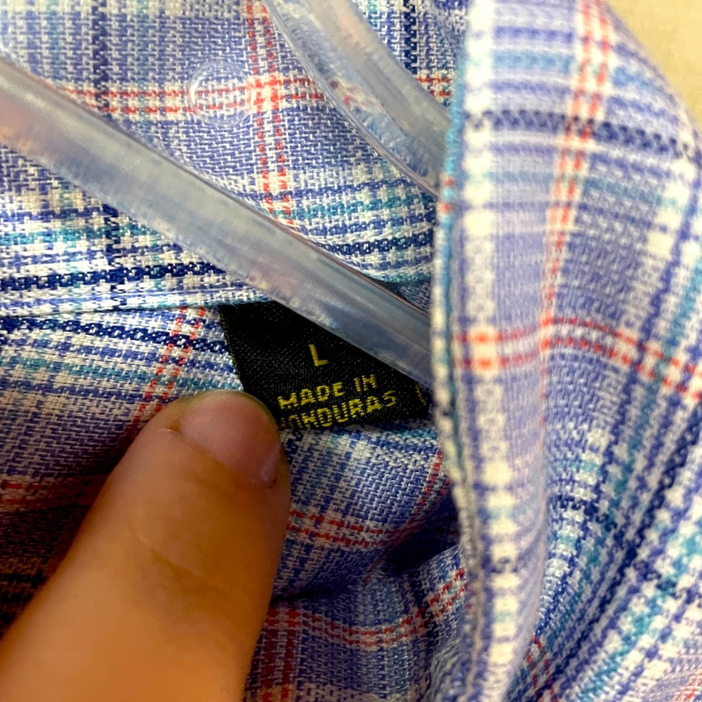 Allen Edmonds Blue White Red Plaid 100% Cotton Button Down Shirt Sz L - Picture 4 of 4